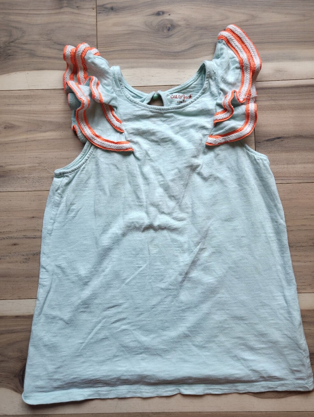 Cat & Jack Girls Mint Green Ruffle Sleeve Top Shirt Size L (10/12) Orange Trim